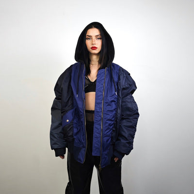 Hooded oversize bomber jacket blue colour block baggy utility MA1 90s college coat rapper windbreaker hip-hop rain jacket stitch rave puffer