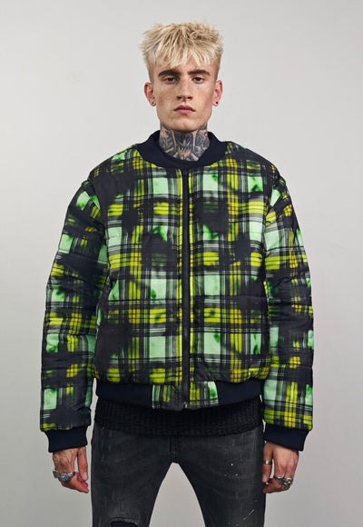 Tie-dye check varsity jacket green tartan reversible bomber