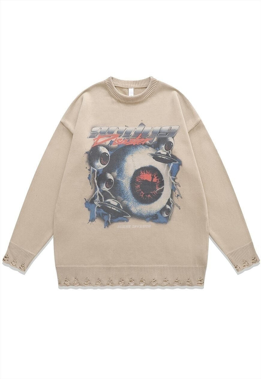 Alien sweater knitted distressed UFO print jumper in beige