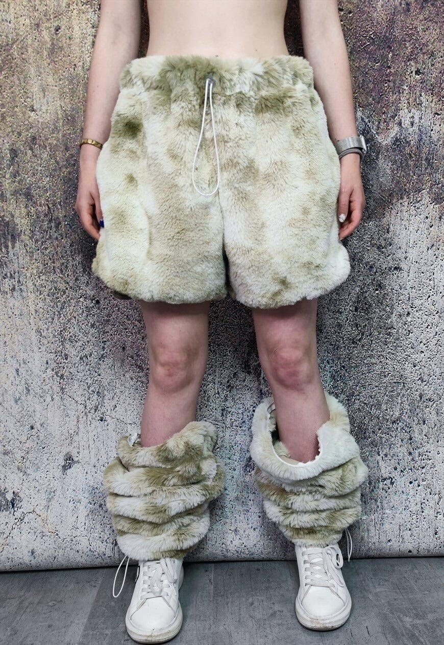 Tie-dye faux fur joggers fleece pants 2 in 1 trouser shorts