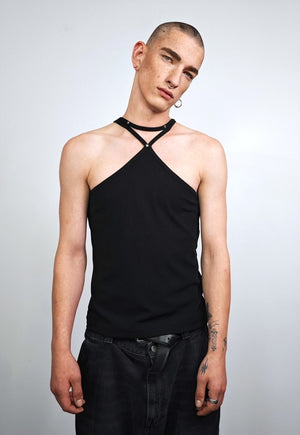 Halter vest unisex studded t-shirt catwalk tank top in black