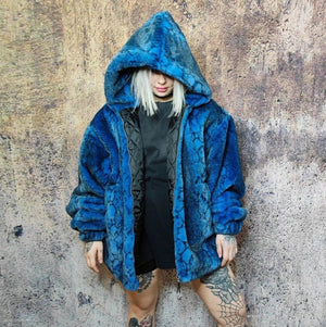 Luxury snake jacket faux fur python print bomber handmade detachable fluffy fleece puffer premium grunge hooded coat in blue