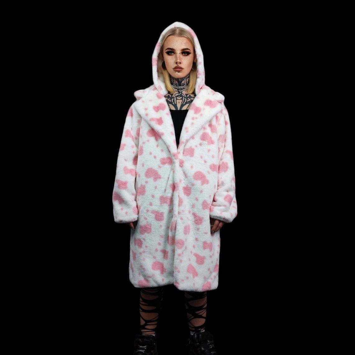 Cow print long coat hooded spot trench fluffy rave bomber detachable fleece festival removable sleeves burning man jacket pastel pink