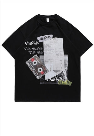 Cassette print t-shirt retro tee skater graffiti top black