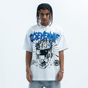 Brain print t-shirt creepy cartoon top monster tee in white