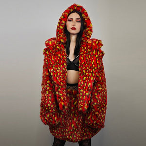 Red leopard coat faux fur animal print cropped hooded bomber