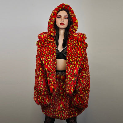 Red leopard coat faux fur animal print cropped hooded bomber