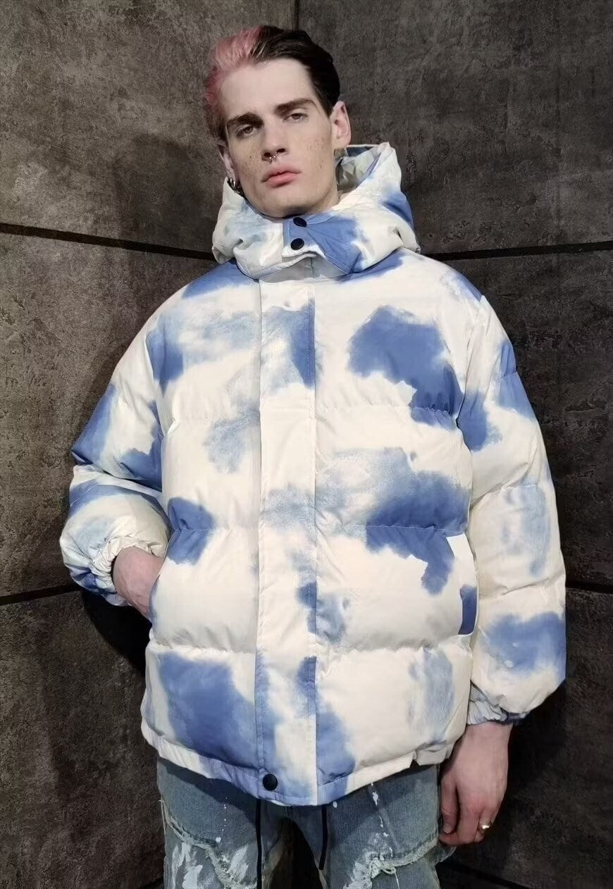 Clouds print bomber tie-dye rainbow sky puffer jacket blue