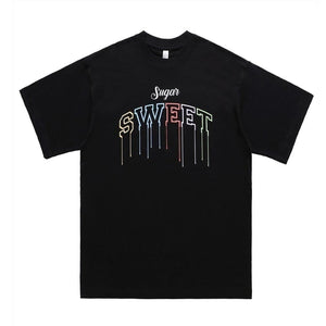 Sweet slogan t-shirt retro rainbow tee raver top in black