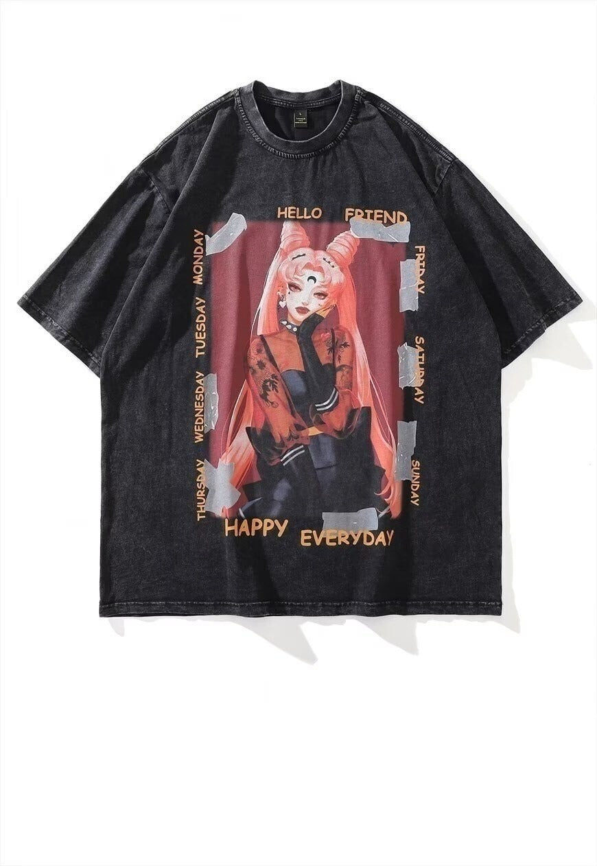 Anime t-shirt retro Japanese movie tee top grey