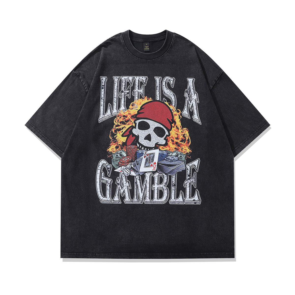 Pirate cartoon t-shirt gamble slogan tee retro top in vintage grey