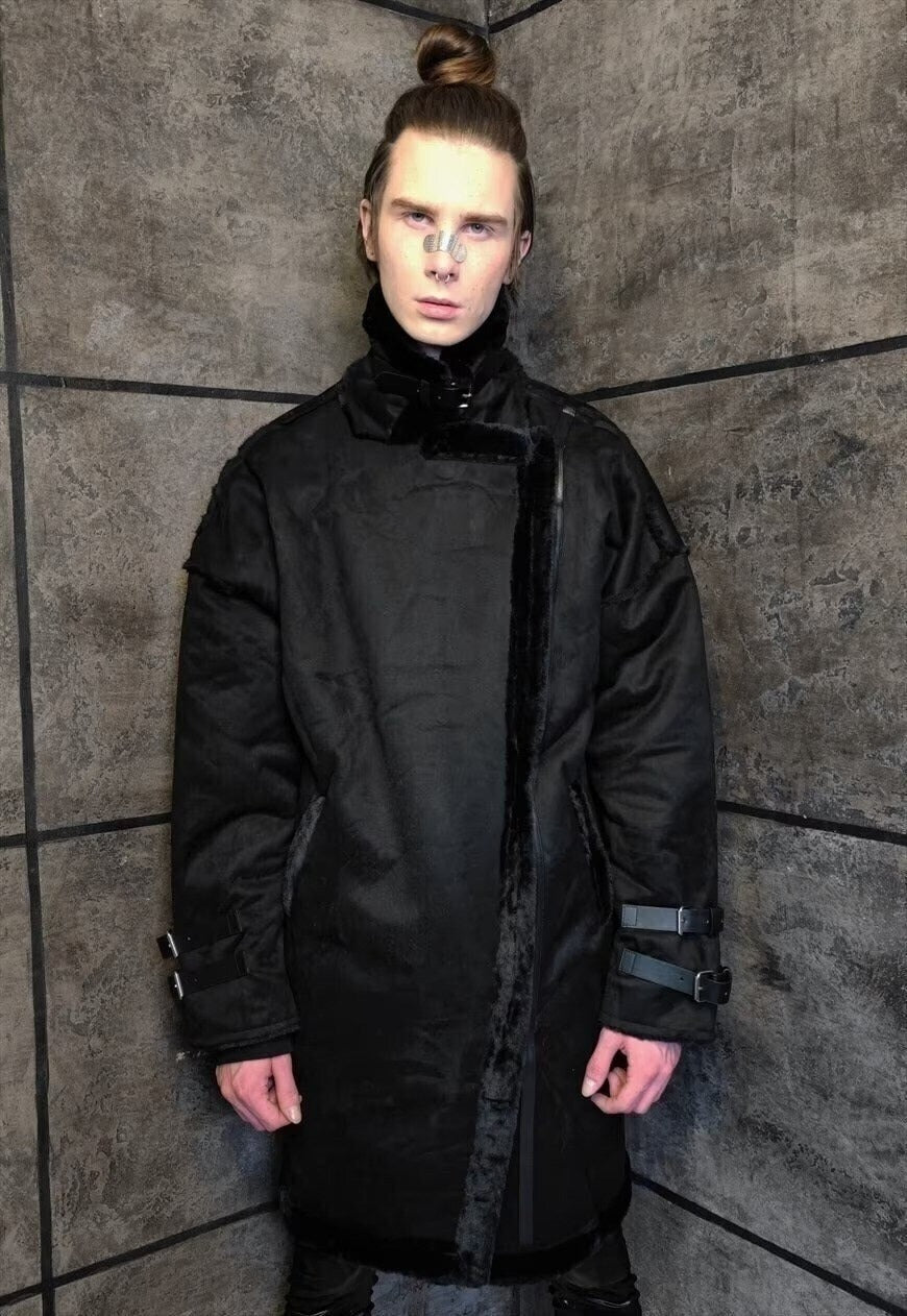 Solid Trench coat faux fur thickened suede overcoat in black