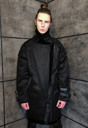 Solid Trench coat faux fur thickened suede overcoat in black