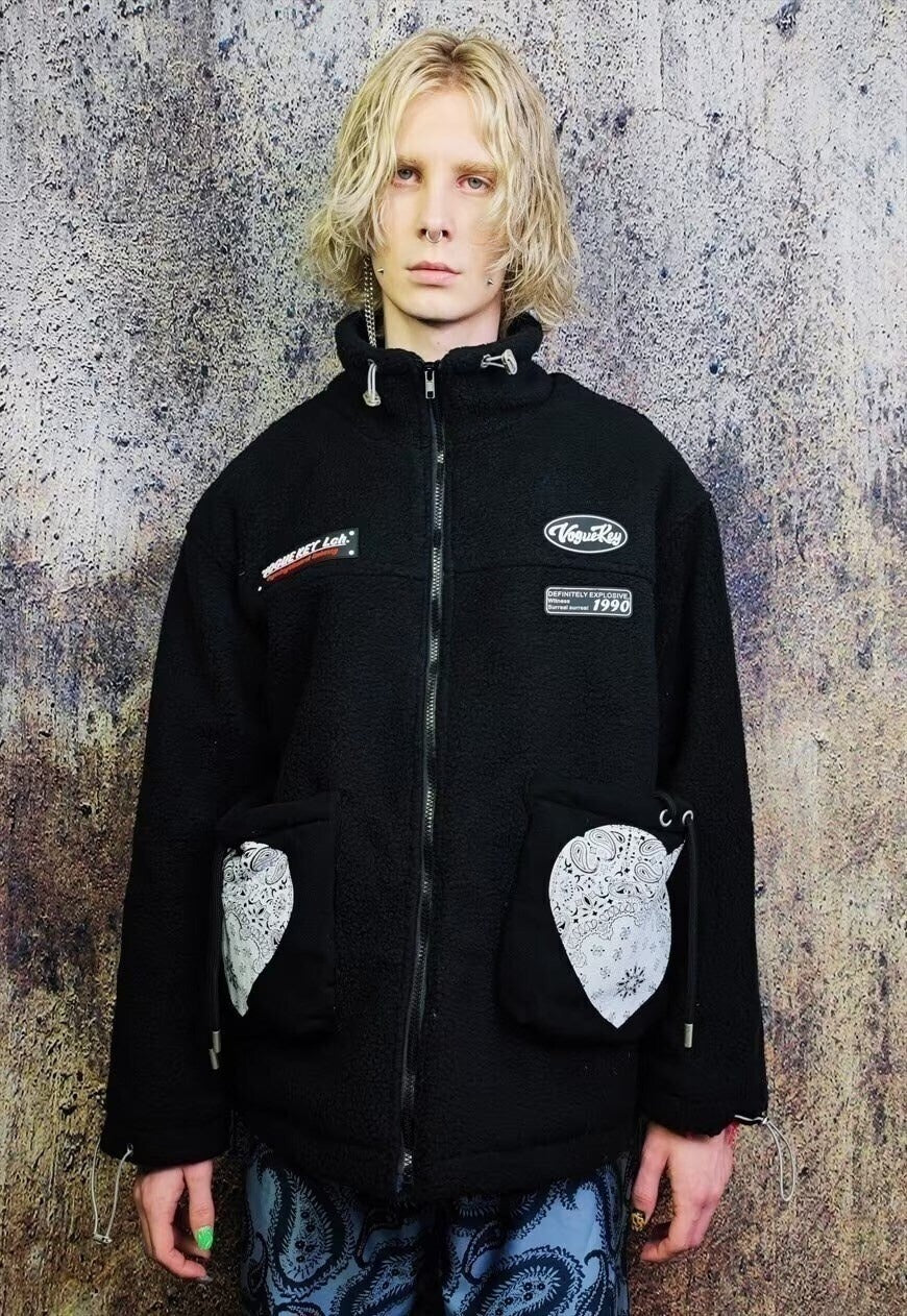 Fleece bomber heart patch puffer paisley jacket in black