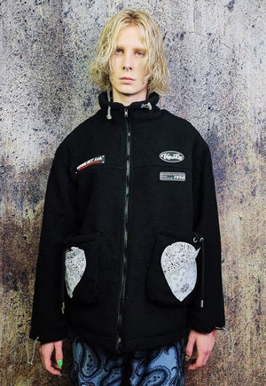 Fleece bomber heart patch puffer paisley jacket in black