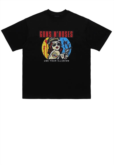 Guns and roses t-shirt skull print tee metal bad top black