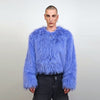 Shaggy fur coat blue collarless cropped trench rave festival