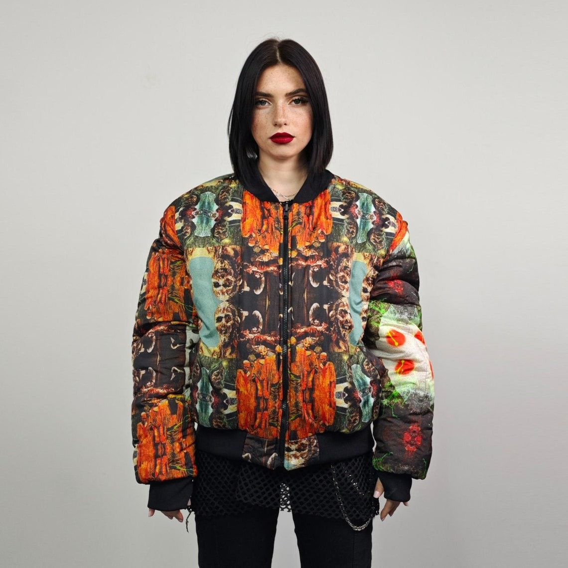 Zombie print bomber horror fan jacket creepy reversible college varsity detachable sleeves handmade tartan grunge punk coat