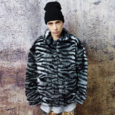 Zebra fleece jacket faux fur stripe fluffy bomber in black