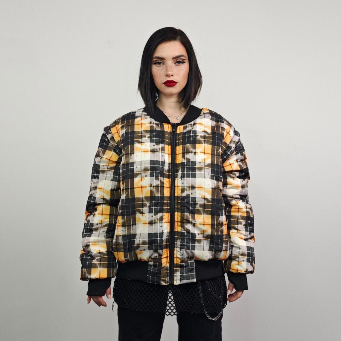 Tie-dye check bomber yellow tartan jacket raver reversible college varsity detachable sleeves handmade plaid puffer grunge punk rocker coat