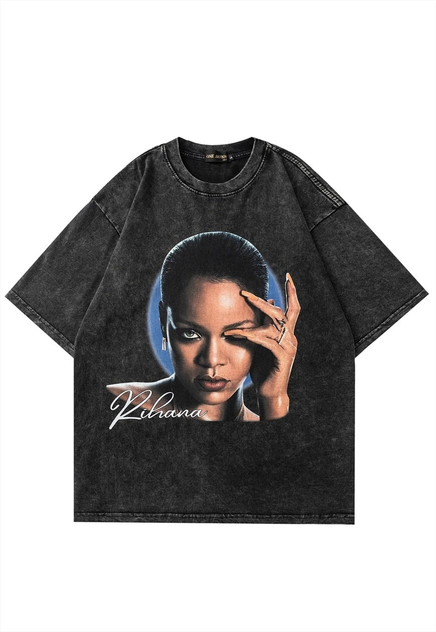 Rihanna t-shirt American singer tee vintage wash top grey