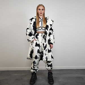 Cow coat faux fur spot pattern trench animal overcoat going out bomber detachable rave festival jacket rock and roll peacoat in white black