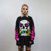 Skull sweatshirt flame print top neon thin skeleton jumper bones sweater psychedelic fluorescent pullover racing biker t-shirt vintage grey