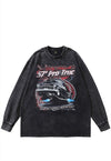 Truck print t-shirt vintage wash motor sports long tee grey