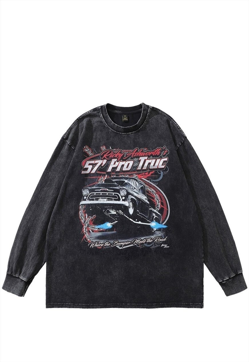 Truck print t-shirt vintage wash motor sports long tee grey