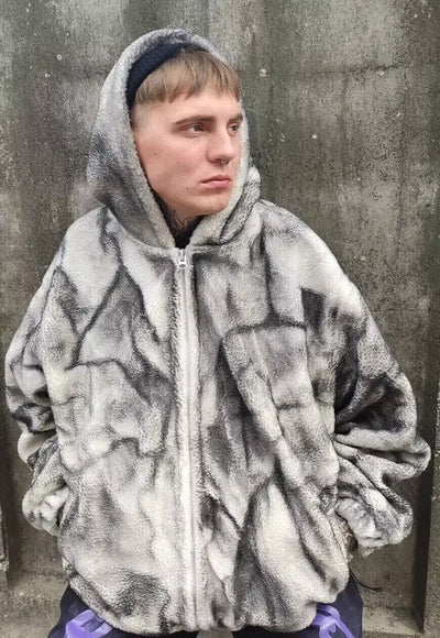 Rough bleach fleece hoodie washed out faux fur jacket grey