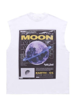 Moon print tank top surfer vest retro sleeveless t-shirt