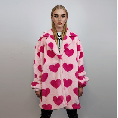 Heart fleece coat handmade faux fur love trench jacket pink