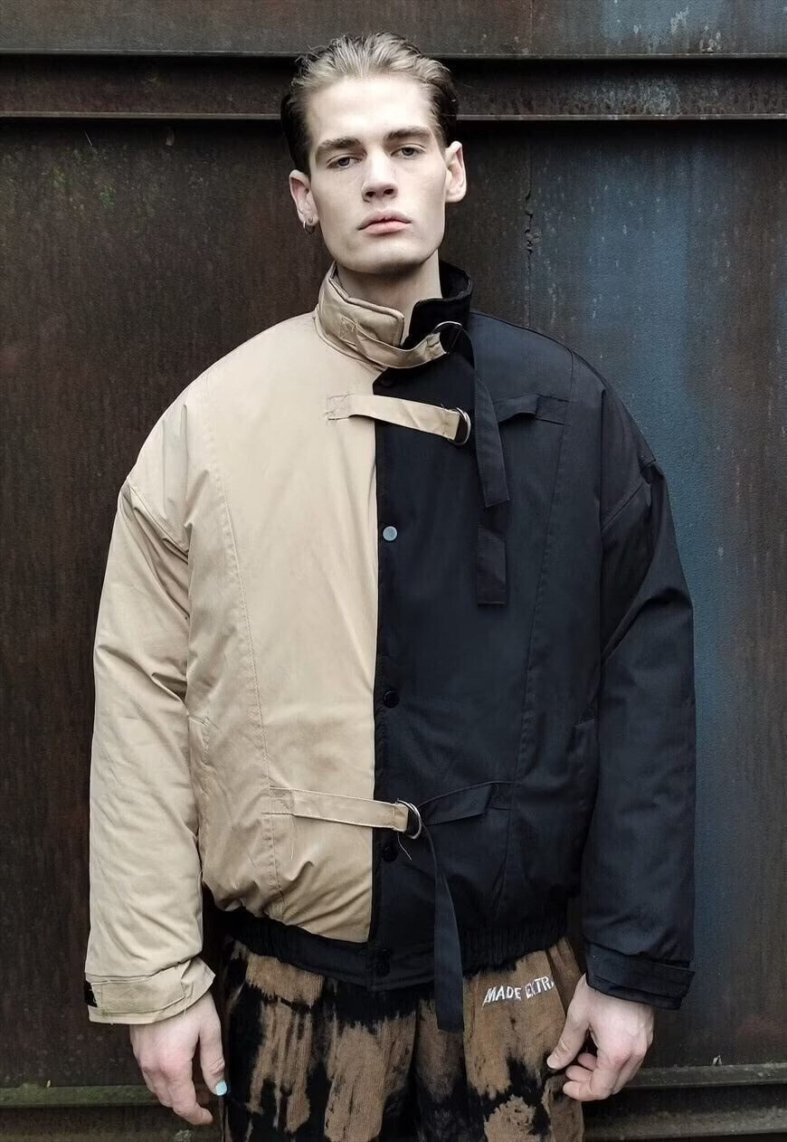Reworked contrast bomber two colour puffer jacket black