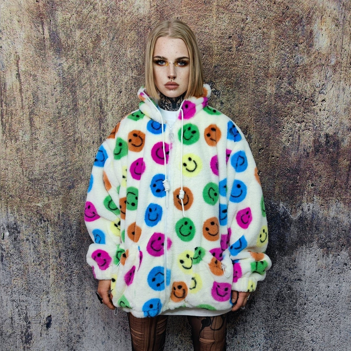 Festival fleece jacket handmade detachable fluffy rave bomber emoji print faux fur premium smiley top party coat in rainbow pattern