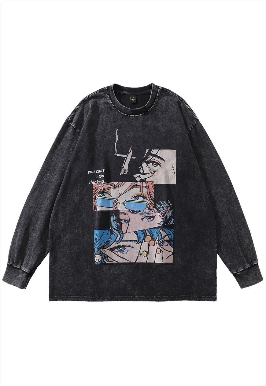 Anime t-shirt vintage wash smoking print long tee grunge top