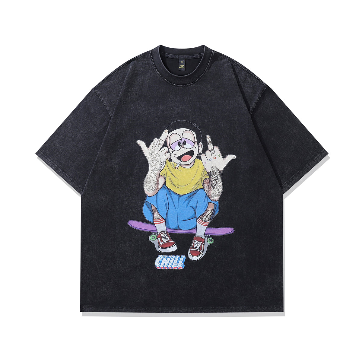 Middle finger t-shirt tattoo boy tee y2k Japanese cartoon top in vintage grey