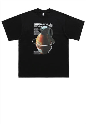 Grenade print t-shirt grunge punk tee retro slogan top black