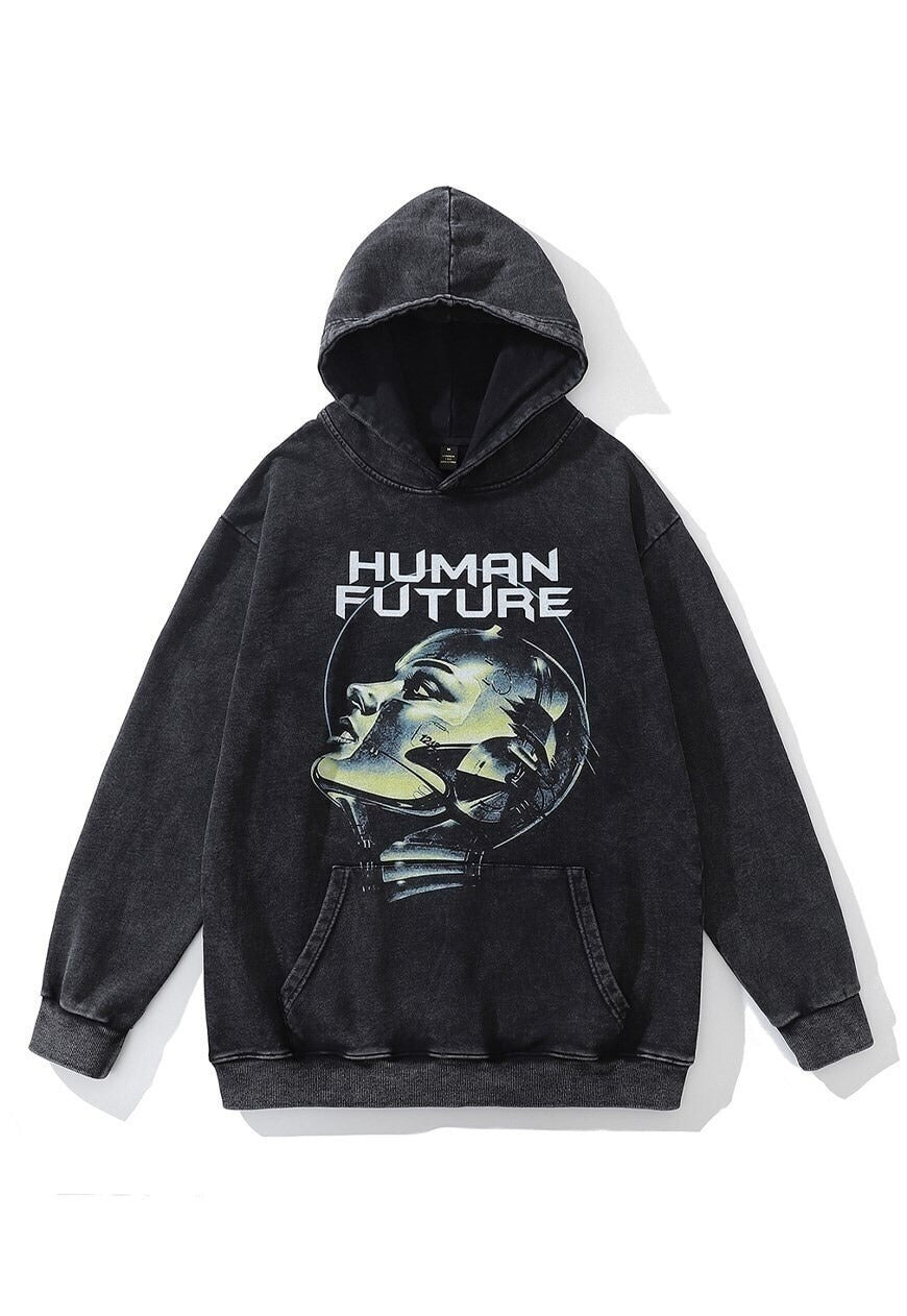 Bionic hoodie cyborg print pullover grunge top in acid grey