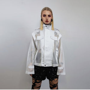 Transparent jacket see-through bomber striped sheer blazer Japanese style catwalk coat party jumper festival Gothic stand collar top white