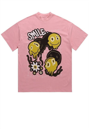 Emoji print t-shirt grunge tee retro raver smile top pink