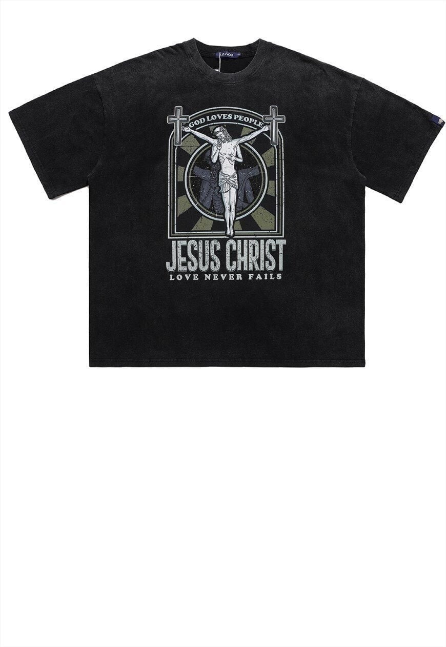 Jesus print t-shirt old god Gothic retro tee washed black