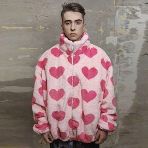 Heart fleece bomber handmade fluf love jacket in pastel pink