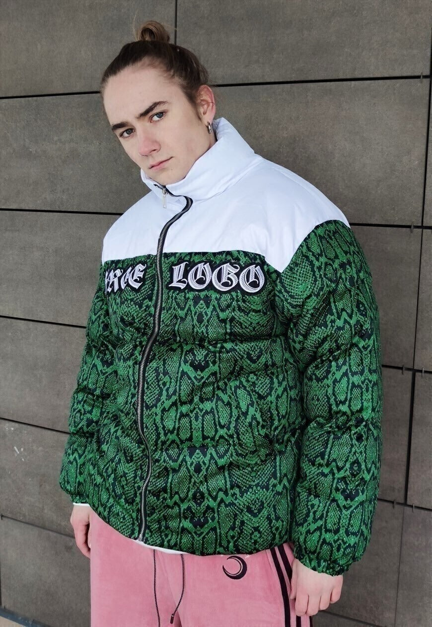 Snake print bomber python puffer jacket in green white