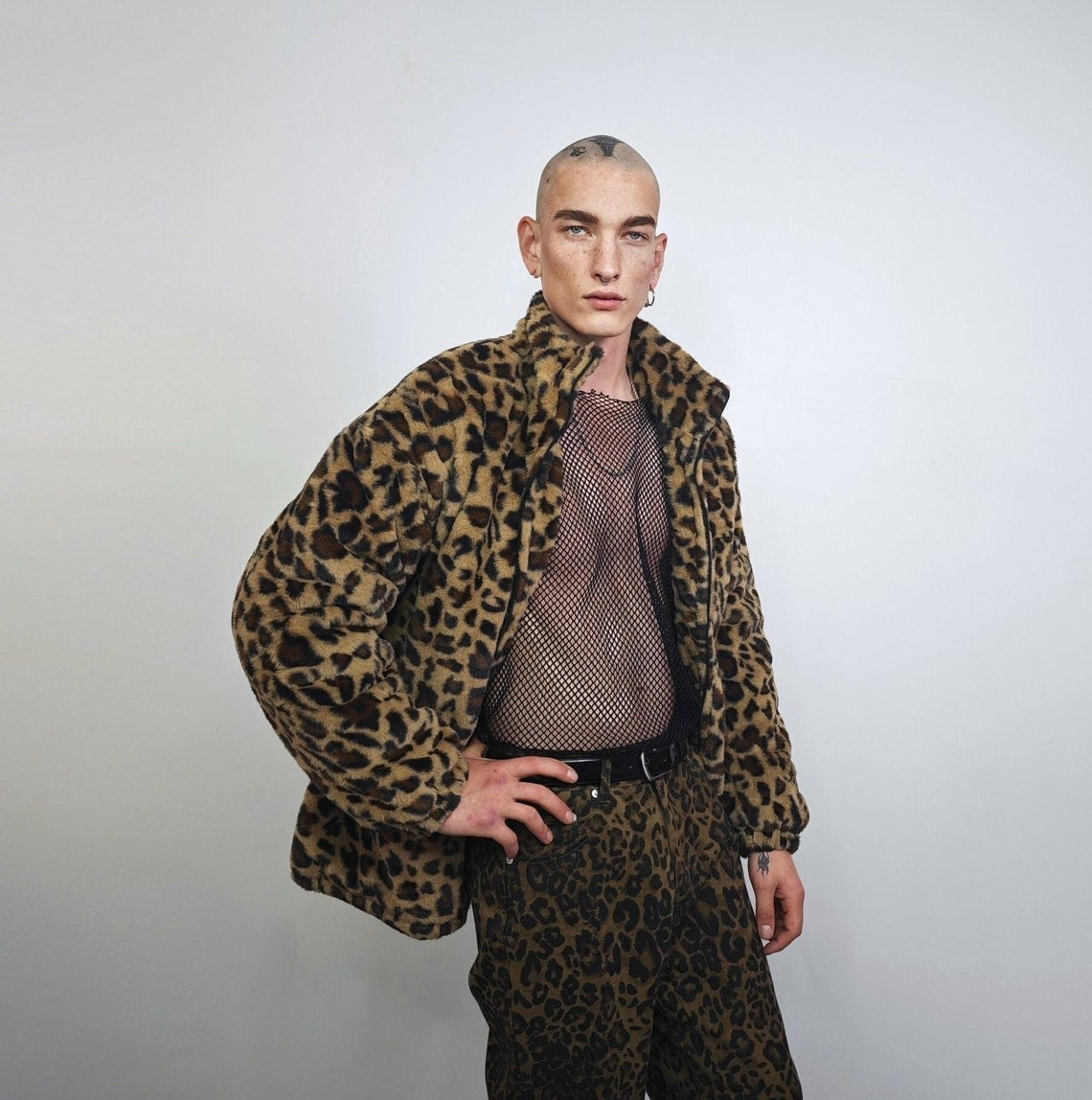 Animal print fleece jacket brown leopard coat zip up cheetah bomber wild cat overcoat fluffy jaguar festival jacket bobcat jumper