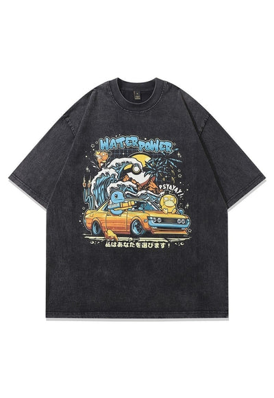 Japanese cartoon t-shirt car print tee retro top acid grey