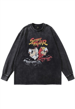 Street fighter t-shirt vintage wash long tee anime top grey