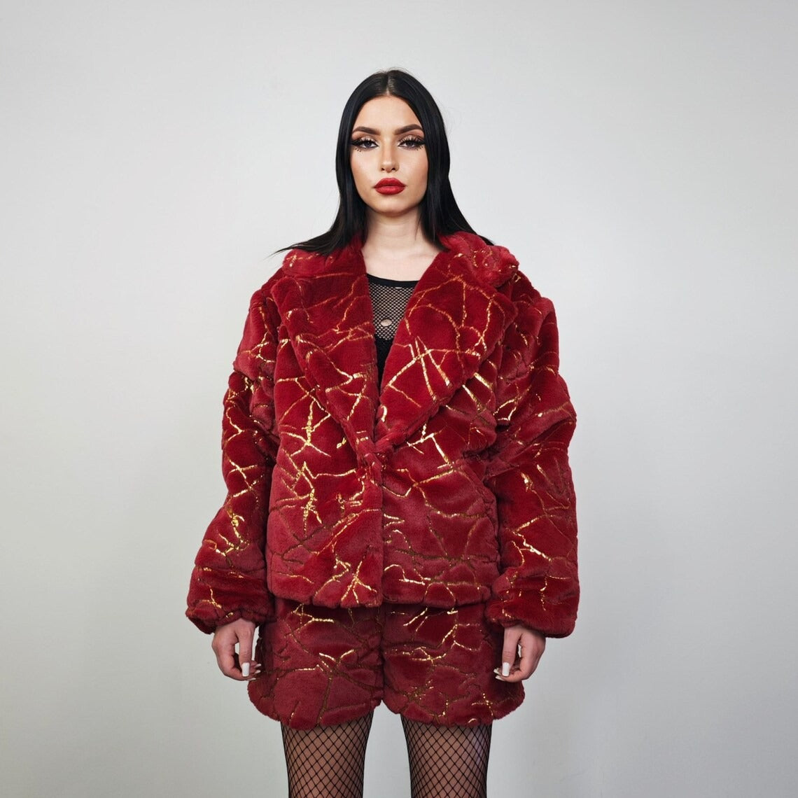 Cropped going out coat red gold glitter trench shiny embellished fleece jacket detachable sleeves handmade party overcoat festival set