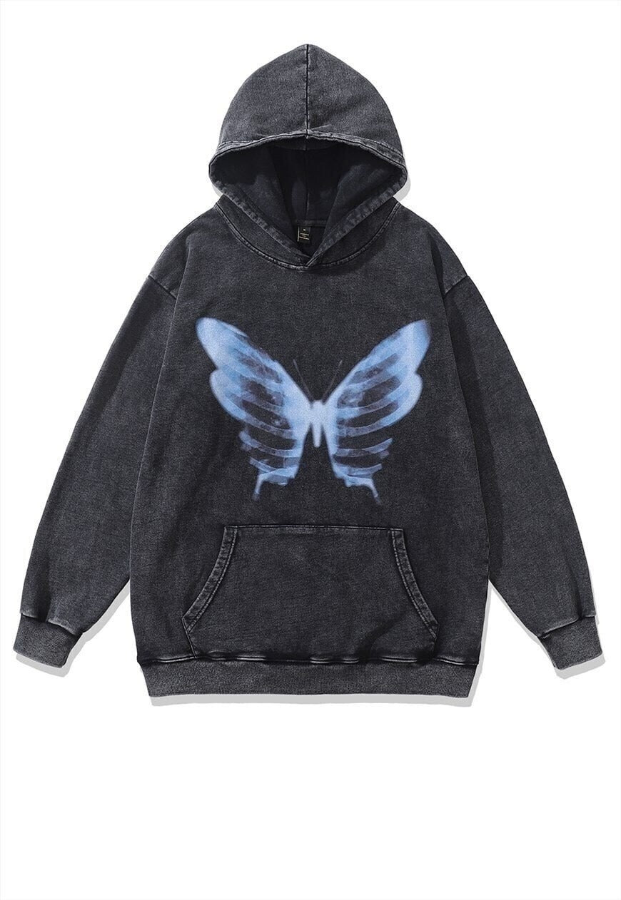 Butterfly hood Y2K top retro skeleton pullover vintage grey