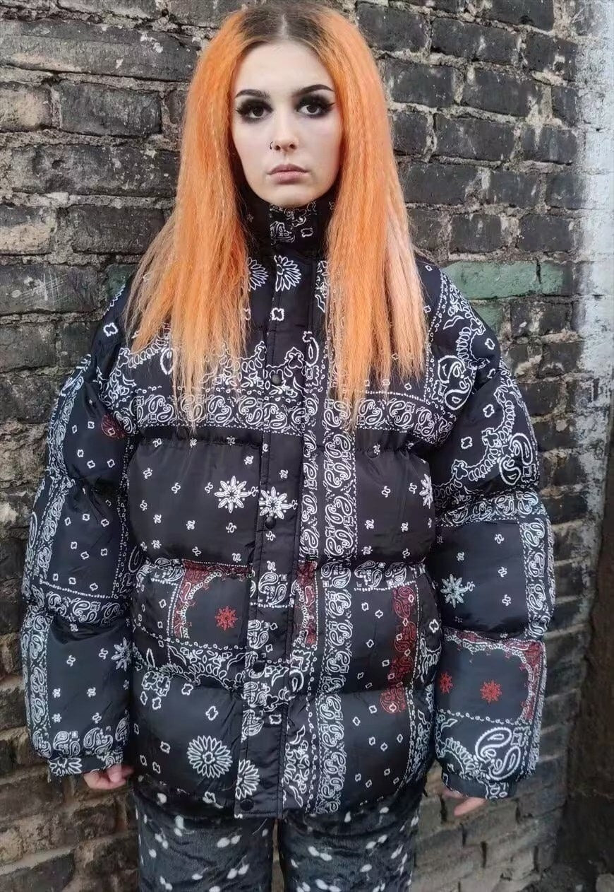 Paisley bomber tie-dye bandanna print scarf puffer jacket