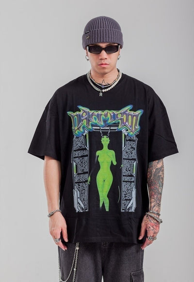 Alien print t-shirt Cyber punk tee UFO grunge top in black